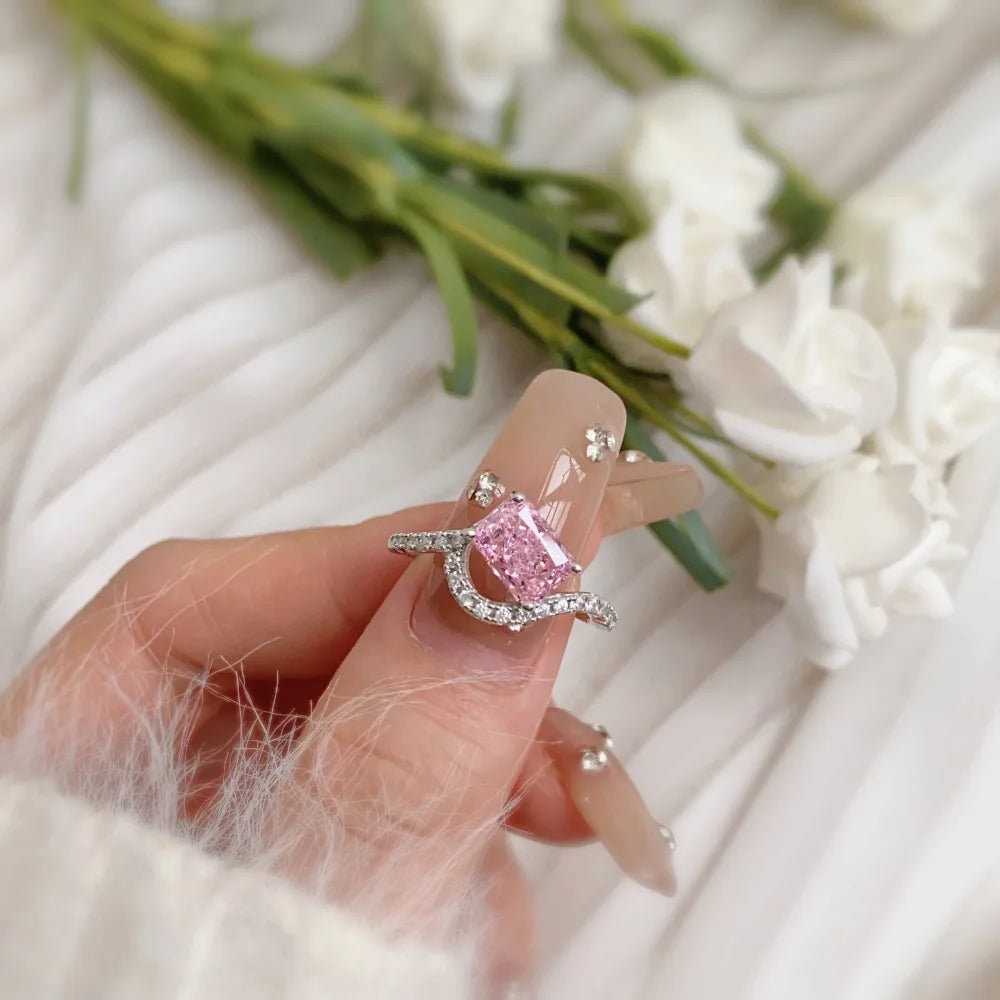 EUREKA 925 Sterling Silver Crushed Ice Cut Lab Pink Sapphire Gemstone Ring For Women Wedding Engagement Jewelry