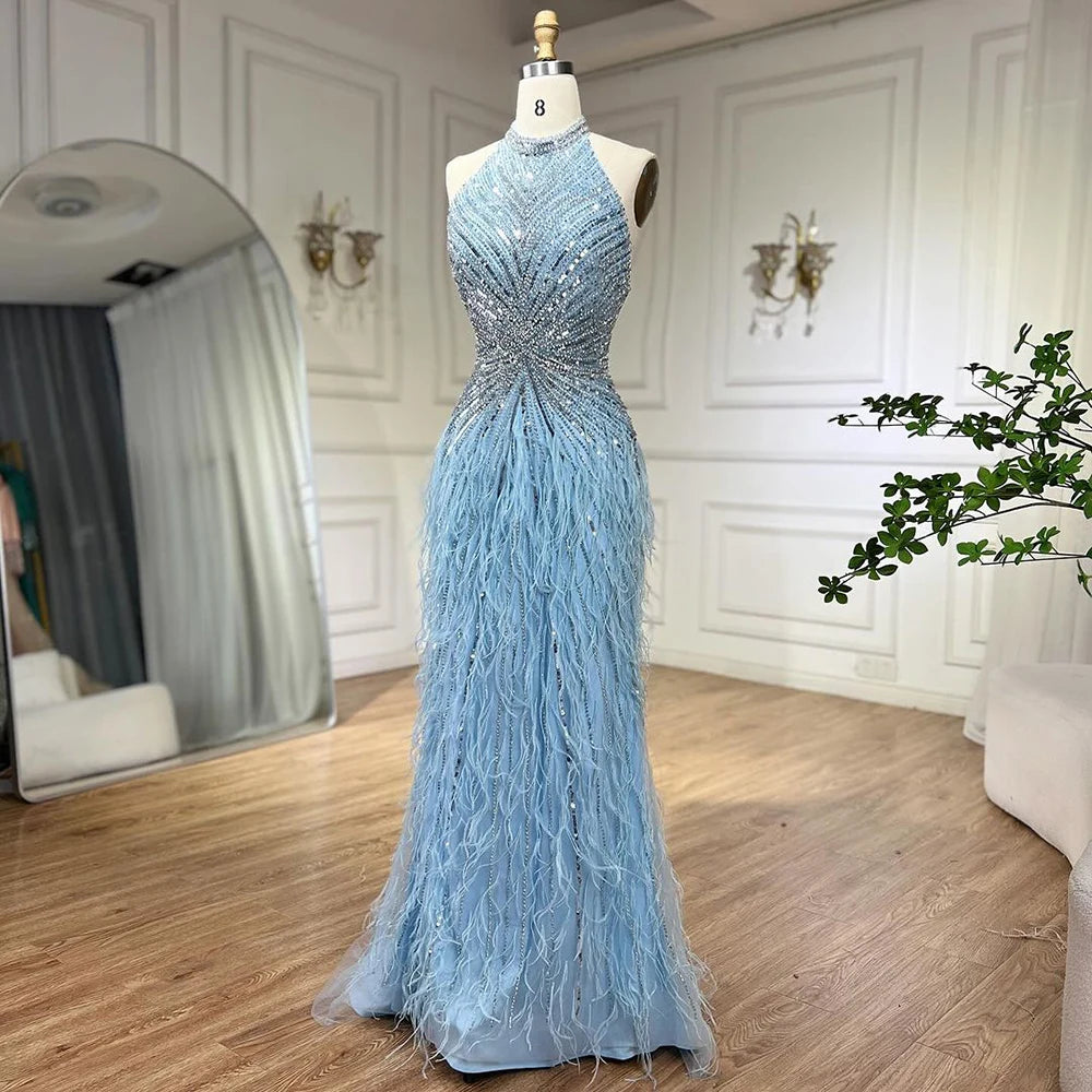 Serene Hill Dubai Halter Beige Feathers Beaded Formal Luxury Mermaid Evening Dresses For Women Wedding Party 2025 LA70623A