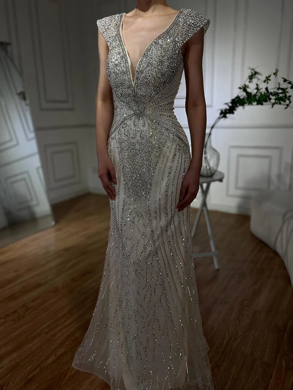 Customized Dubai Caramel Elegant Sleeveles Mermaid Beaded Arabic Evening Dresses Gowns For Women Wedding Party 2025 LA72456
