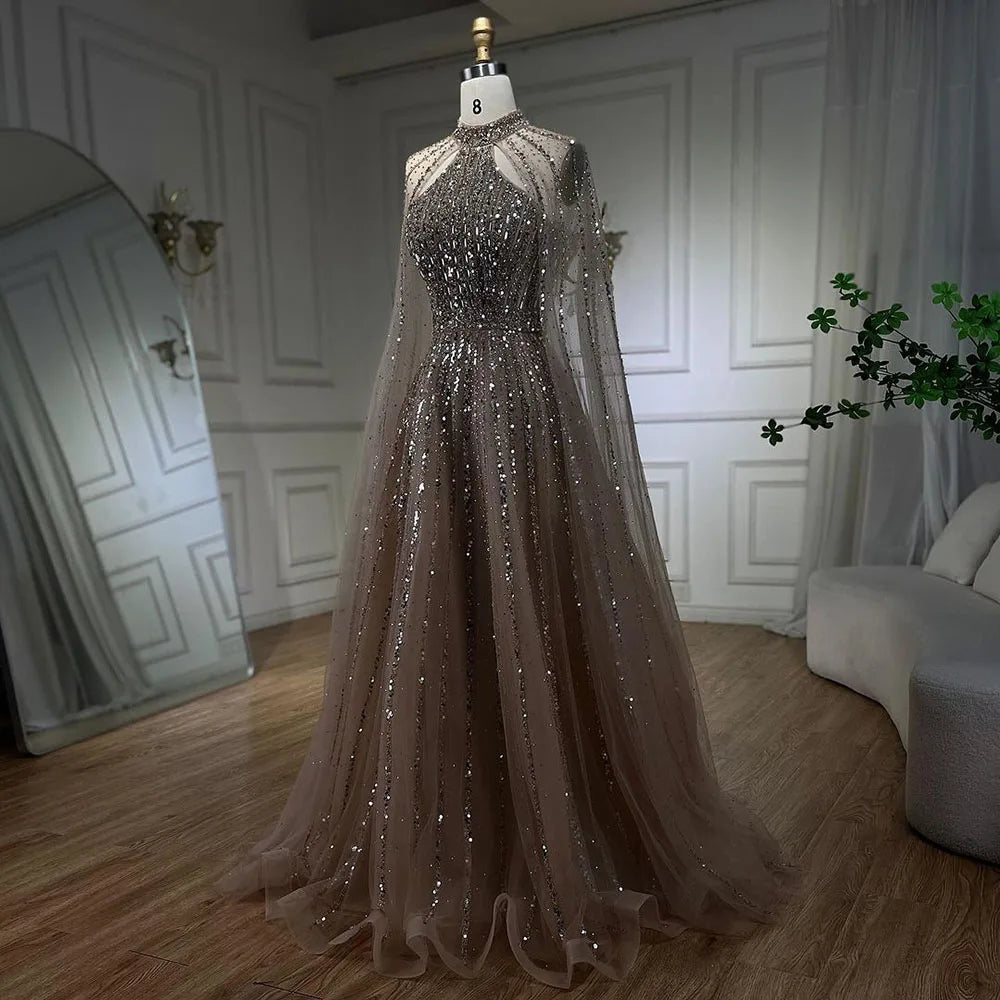 Serene Hill Arabic Turquoise A Line Cape Sleeve Beaded Evening Dresses Gowns For Occasion 2025 LA72306A Customized