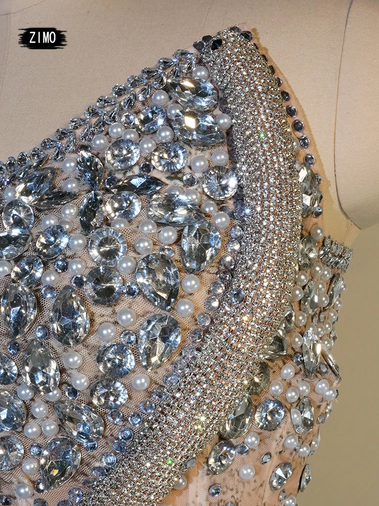 luxury Bright Crystal Dress Sexy Luxury Beaded Rhinestone Tulle Evening Prom Party Dress Noble Shooting Wedding Wedding Dresses