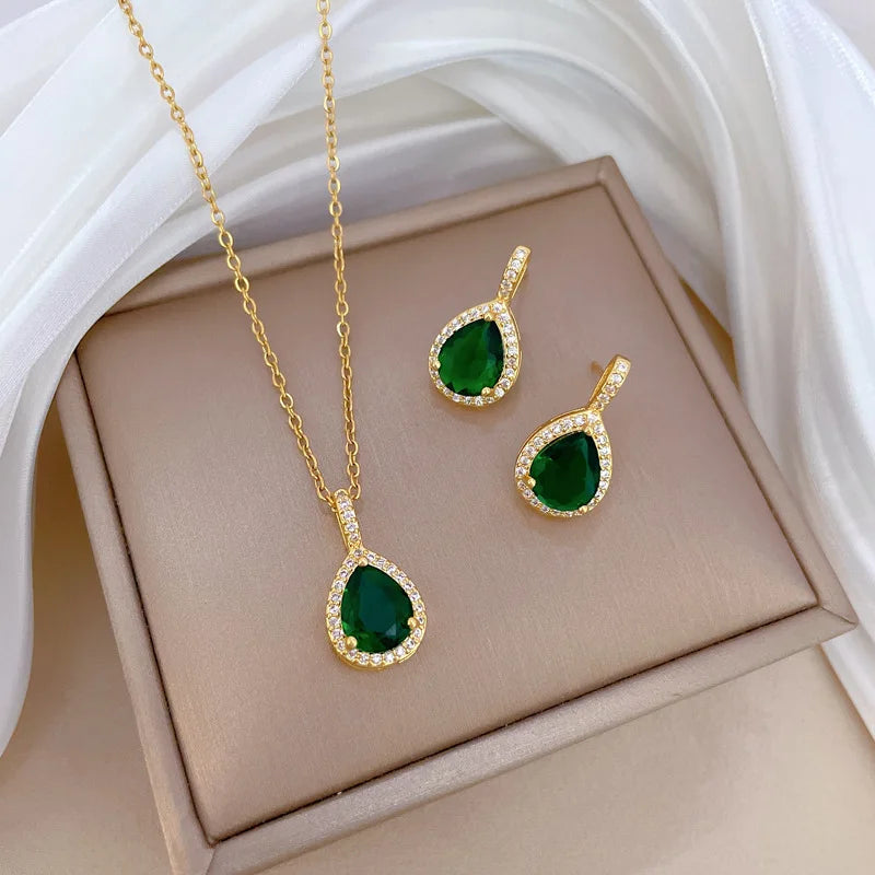 DIEYURO 316L Stainless Steel Steell Green Water Droplet Inlay Zircon Pendant Necklace Earrings Set Girl New Trend Jewelry Gift