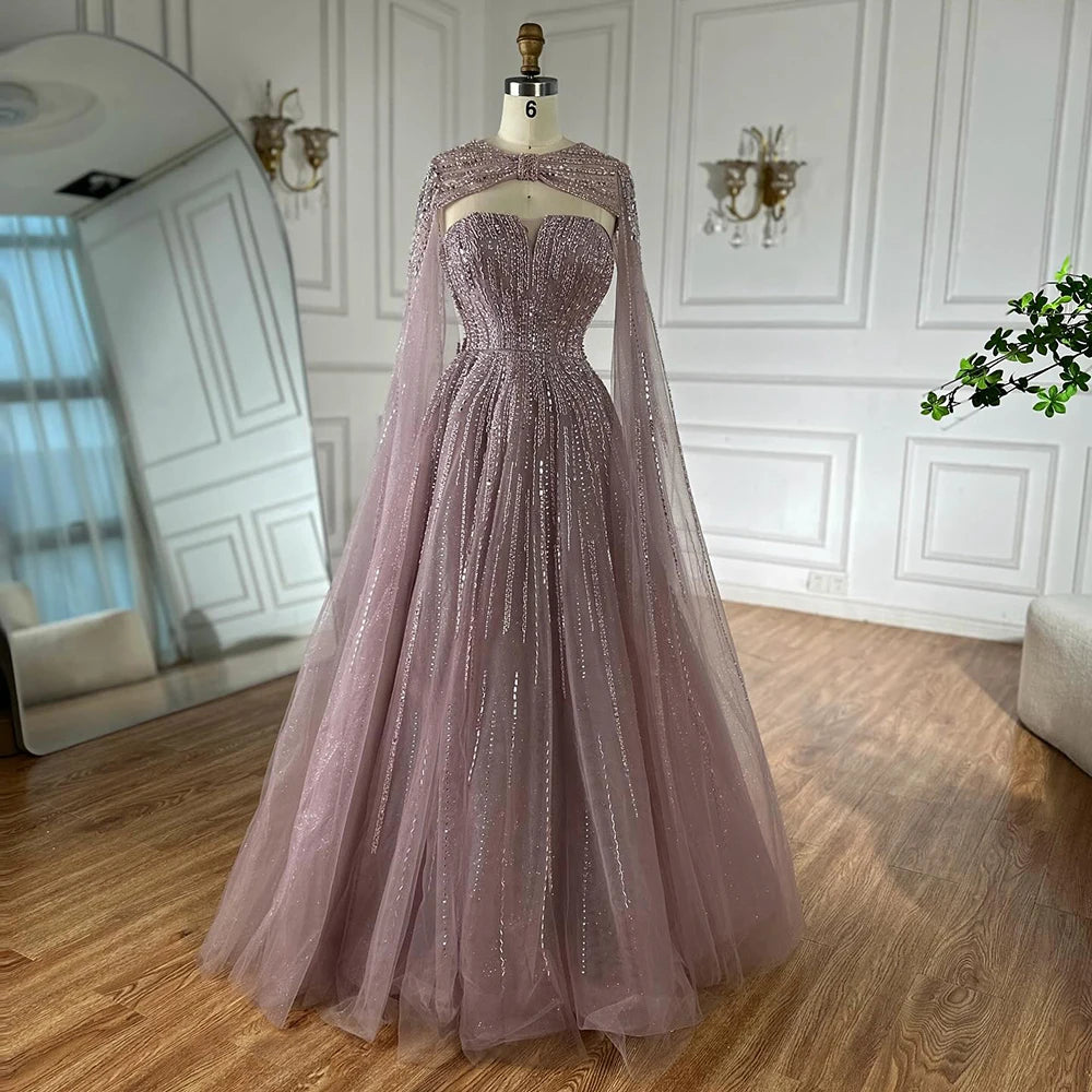 Serene Hill 2025 Arabic Blue Cape A-Line Beaded Evening Dresses Long Celebrity Gowns LA72427 Customized