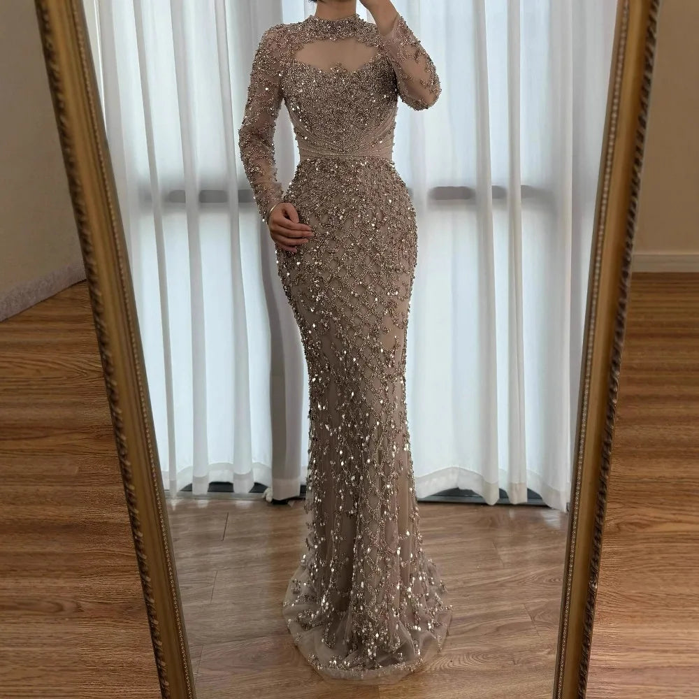 Luxury Caramel Beaded Evening Dress with High Neck Long Sleeves Mermaid Gown Serene Hill 2025 Customized LA71747A