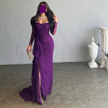 Sharon Said Arabic Lace Purple Mermaid  Off-shoulder Evening Dress with Sleeves for Women Wedding Party Gowns SF075 Customized
