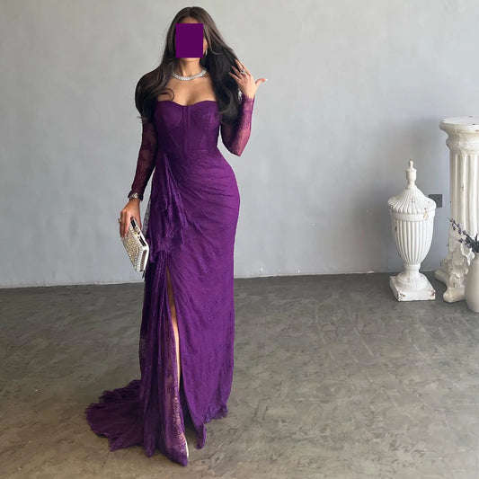Sharon Said Arabic Lace Purple Mermaid  Off-shoulder Evening Dress with Sleeves for Women Wedding Party Gowns SF075 Customized