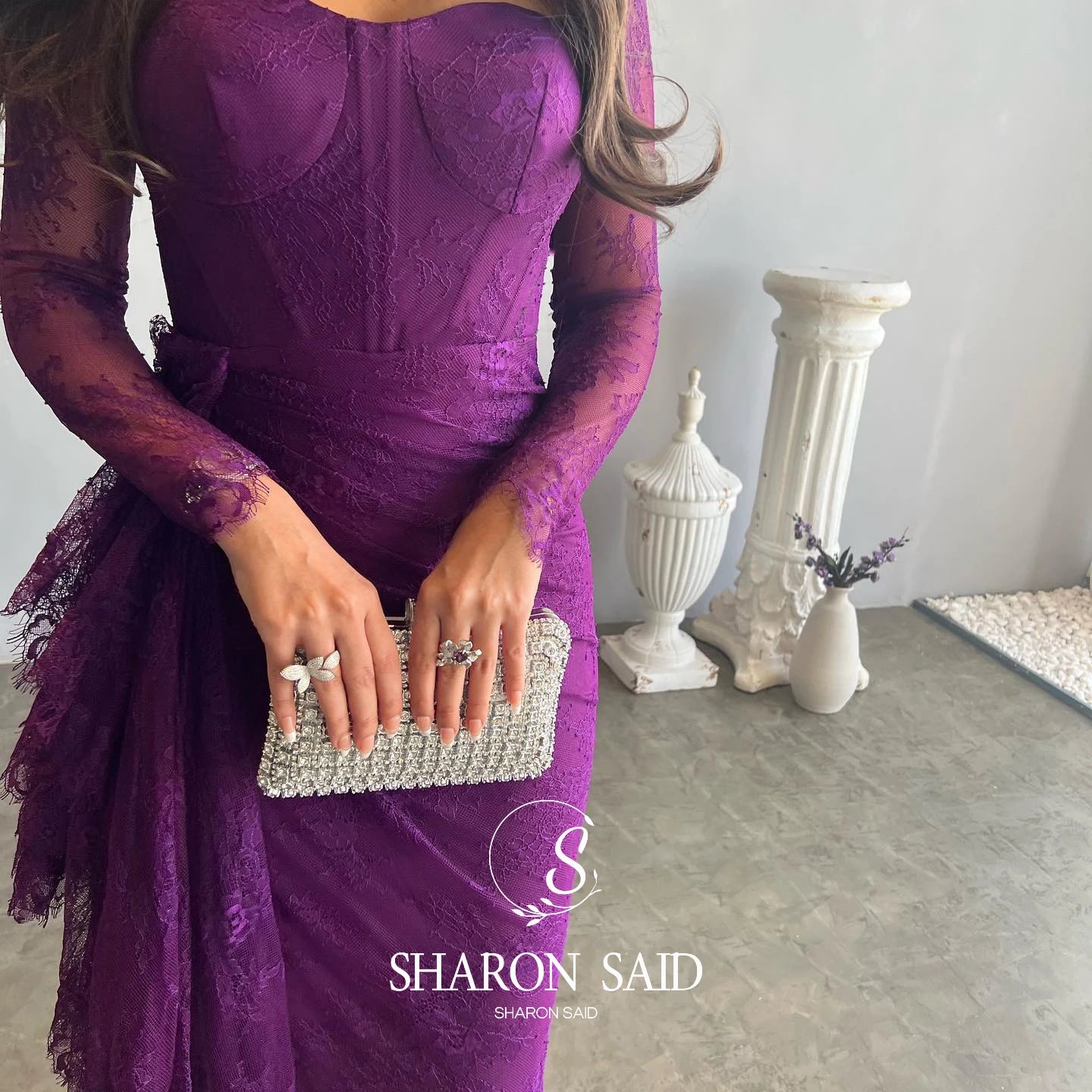 Sharon Said Arabic Lace Purple Mermaid  Off-shoulder Evening Dress with Sleeves for Women Wedding Party Gowns SF075 Customized