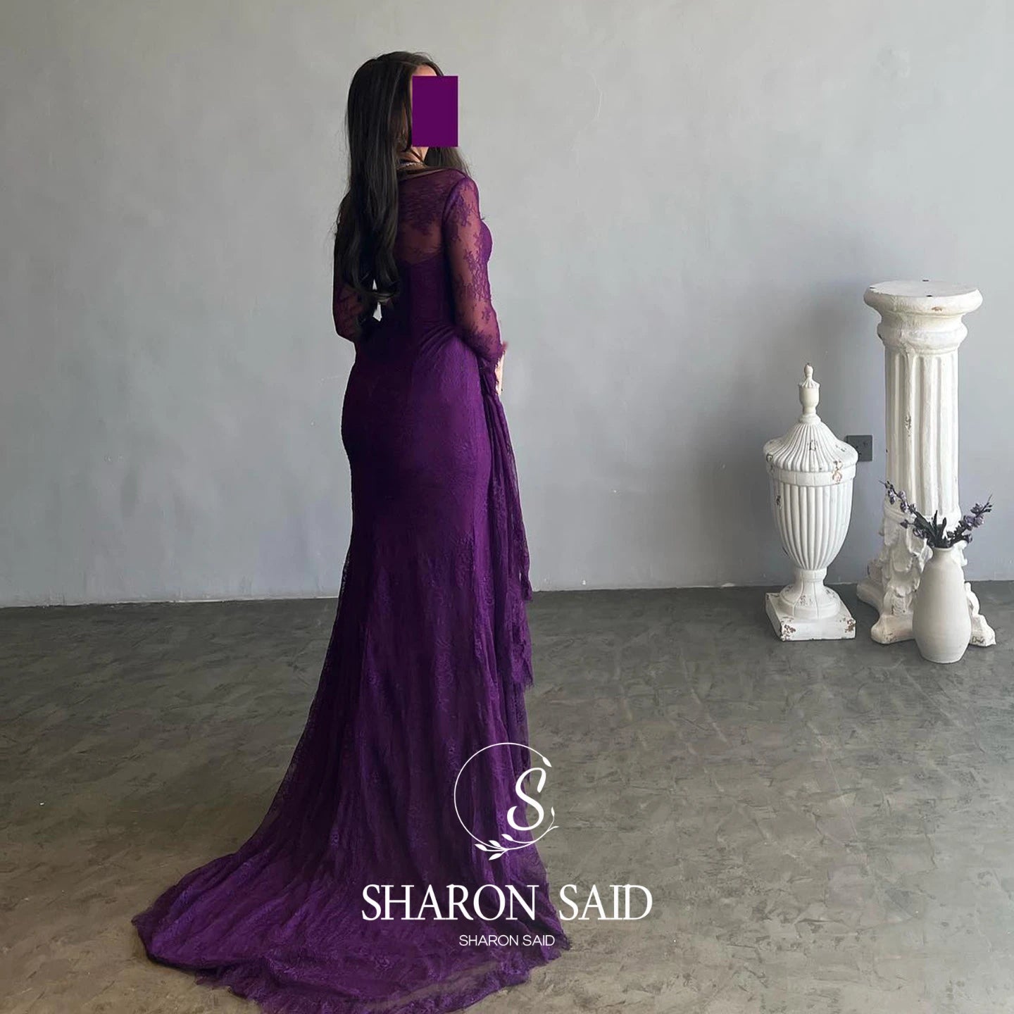 Sharon Said Arabic Lace Purple Mermaid  Off-shoulder Evening Dress with Sleeves for Women Wedding Party Gowns SF075 Customized
