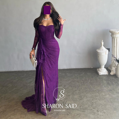 Sharon Said Arabic Lace Purple Mermaid  Off-shoulder Evening Dress with Sleeves for Women Wedding Party Gowns SF075 Customized