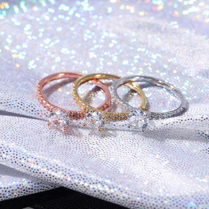 Huitan Classic 4 Claws Design Round Zirconia Women Wedding Engagement Rings 3 Colors Available Low-key Bridal Jewelry Hot Sale