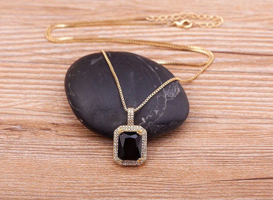 Nidin Top Quality Austrian Crystal Geometric Rectangle Pendant Necklaces For Women 5 Colors Stone Zircon Party Wedding Jewelry