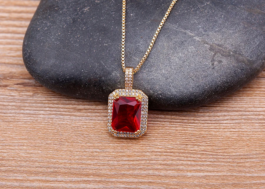 Nidin Top Quality Austrian Crystal Geometric Rectangle Pendant Necklaces For Women 5 Colors Stone Zircon Party Wedding Jewelry