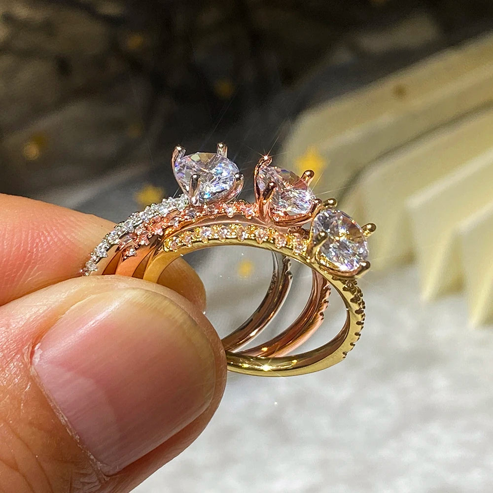 Huitan Classic 4 Claws Design Round Zirconia Women Wedding Engagement Rings 3 Colors Available Low-key Bridal Jewelry Hot Sale