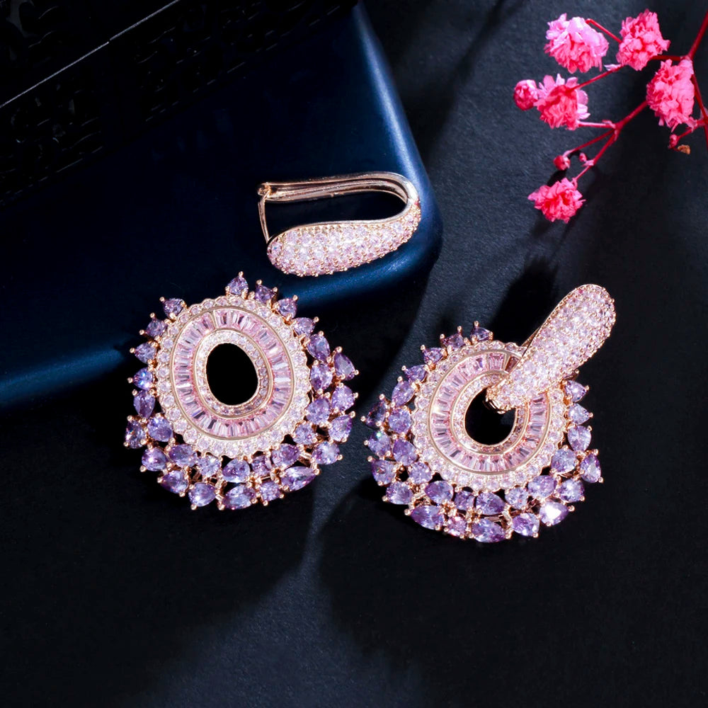 ThreeGraces Bohemian Shiny Purple Pink Cubic Zirconia Dangle Huggies Earrings for Women Fashion Wedding Costume Jewelry ER718