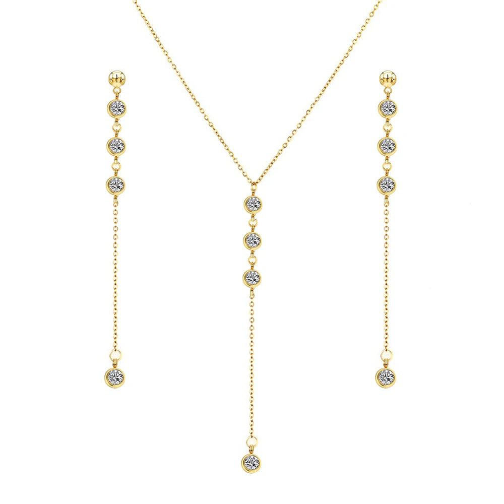 MinaMaMa New Style Stainless Steel Chain Shiny Crystal Necklaces Earrings Jewelry Sets For Women Girls New Fashion Jewelry Sets