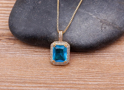Nidin Top Quality Austrian Crystal Geometric Rectangle Pendant Necklaces For Women 5 Colors Stone Zircon Party Wedding Jewelry
