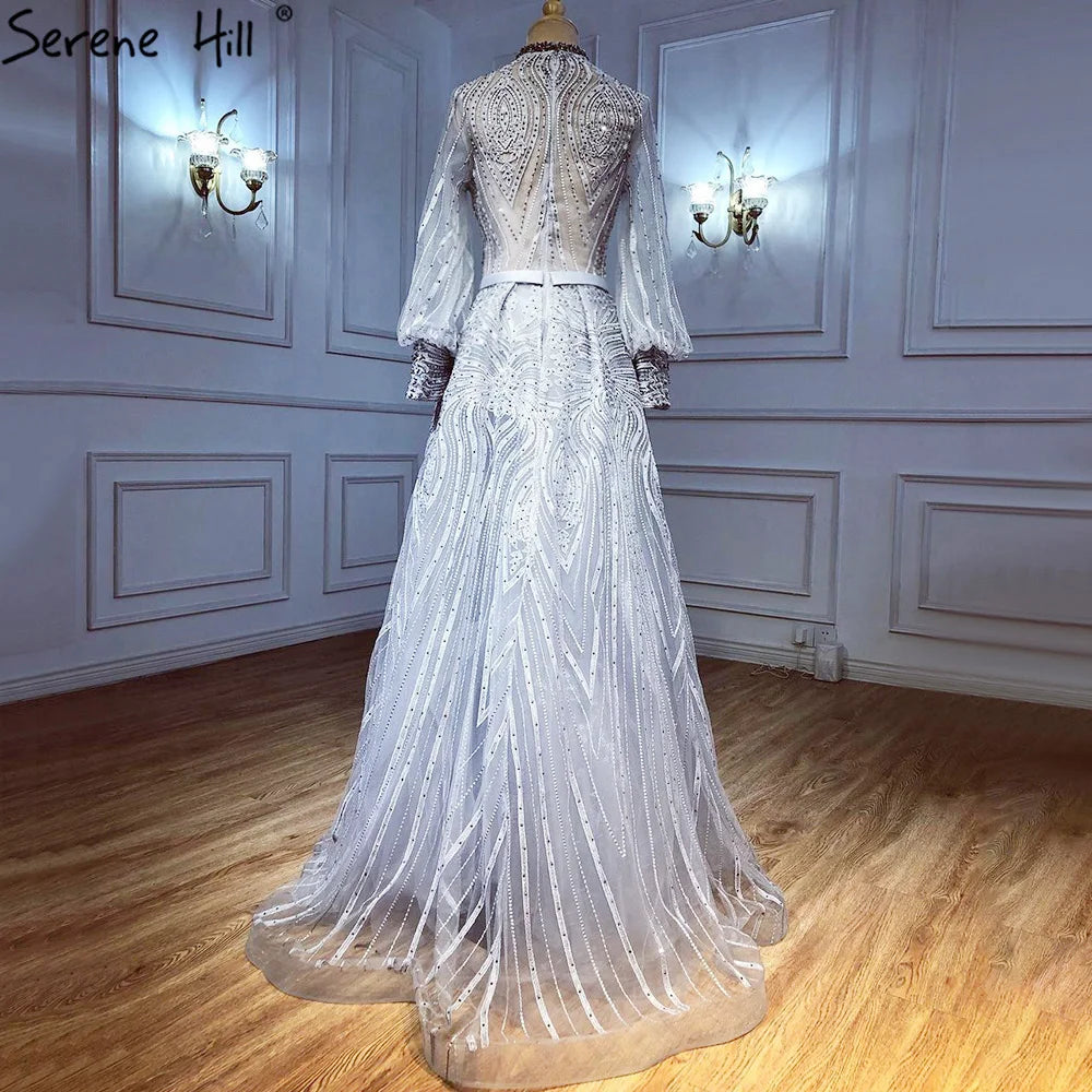 Customized Muslim Grey Overskirt Evening Dresses Gowns 2025 Mermaid Elegant Beaded For Woman Party Plus Size LA71248