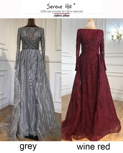 Serene Hill Muslim Grey Beaded  With Overskirt Mermaid  Evening Dresses Gowns Elegant For Women Party Plus Size LA70836