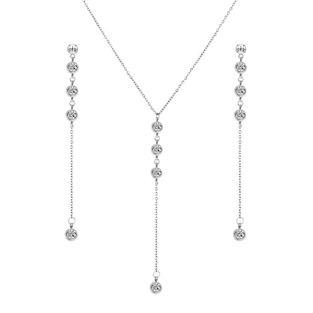 MinaMaMa New Style Stainless Steel Chain Shiny Crystal Necklaces Earrings Jewelry Sets For Women Girls New Fashion Jewelry Sets