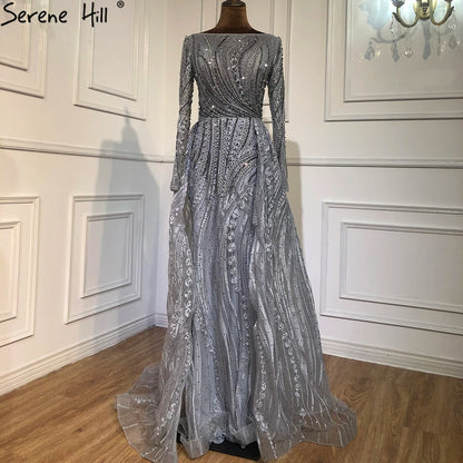 Serene Hill Muslim Grey Beaded  With Overskirt Mermaid  Evening Dresses Gowns Elegant For Women Party Plus Size LA70836