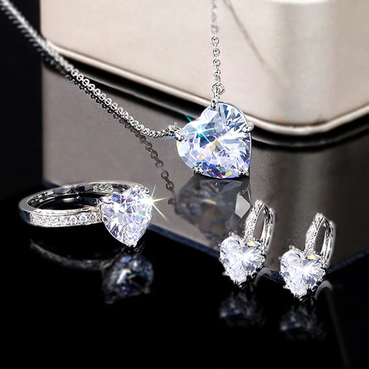 Huitan Luxury Heart CZ Women Wedding Sets Ring/Earring/Necklace High-quality Silver Color Love Jewelry Eternity Accessories Bulk