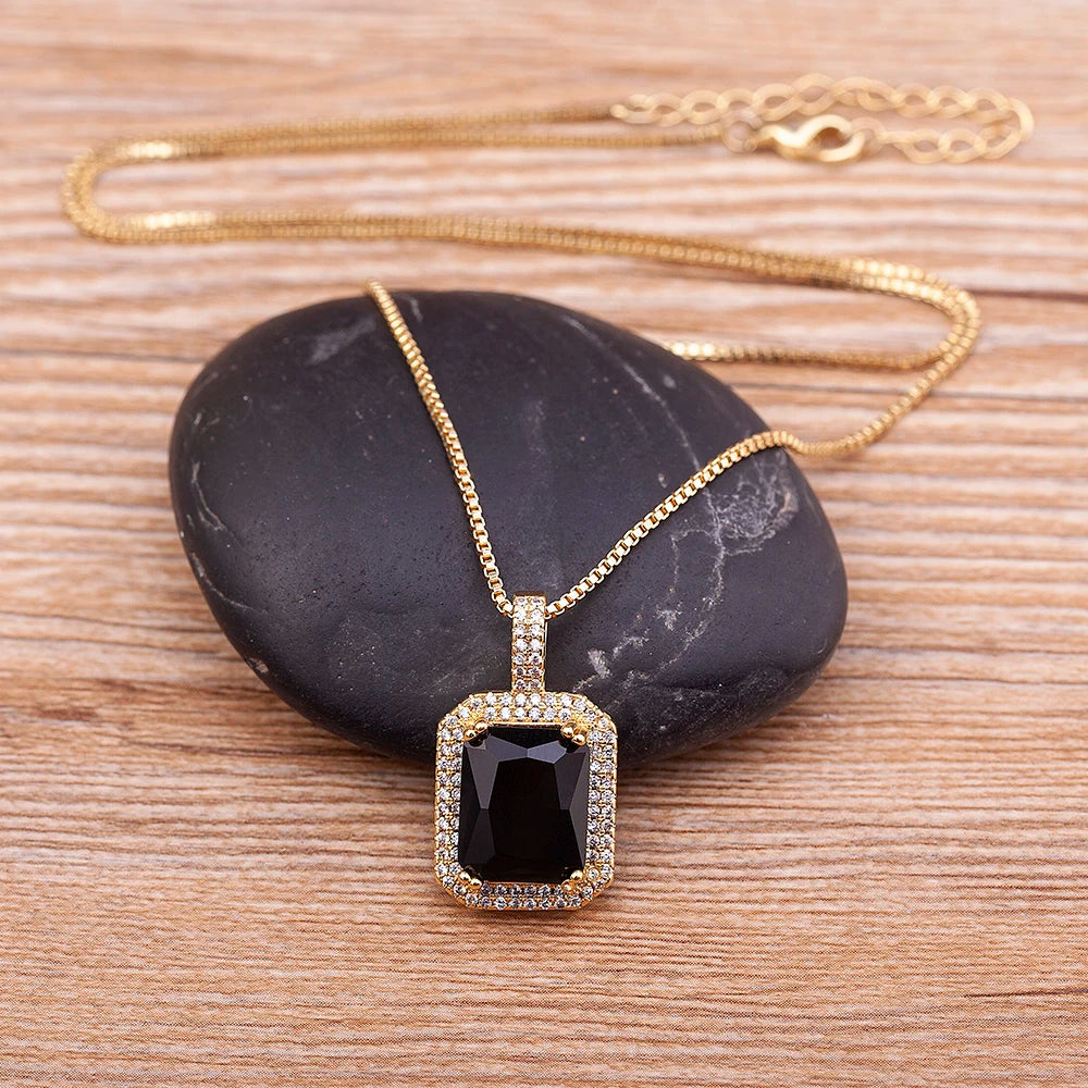 Nidin Top Quality Austrian Crystal Geometric Rectangle Pendant Necklaces For Women 5 Colors Stone Zircon Party Wedding Jewelry