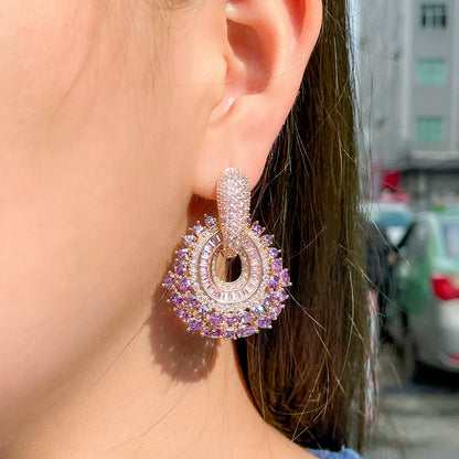 ThreeGraces Bohemian Shiny Purple Pink Cubic Zirconia Dangle Huggies Earrings for Women Fashion Wedding Costume Jewelry ER718