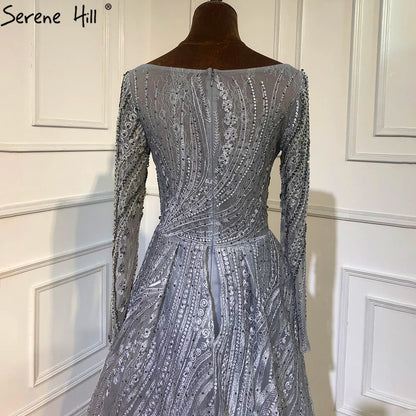 Serene Hill Muslim Grey Beaded  With Overskirt Mermaid  Evening Dresses Gowns Elegant For Women Party Plus Size LA70836
