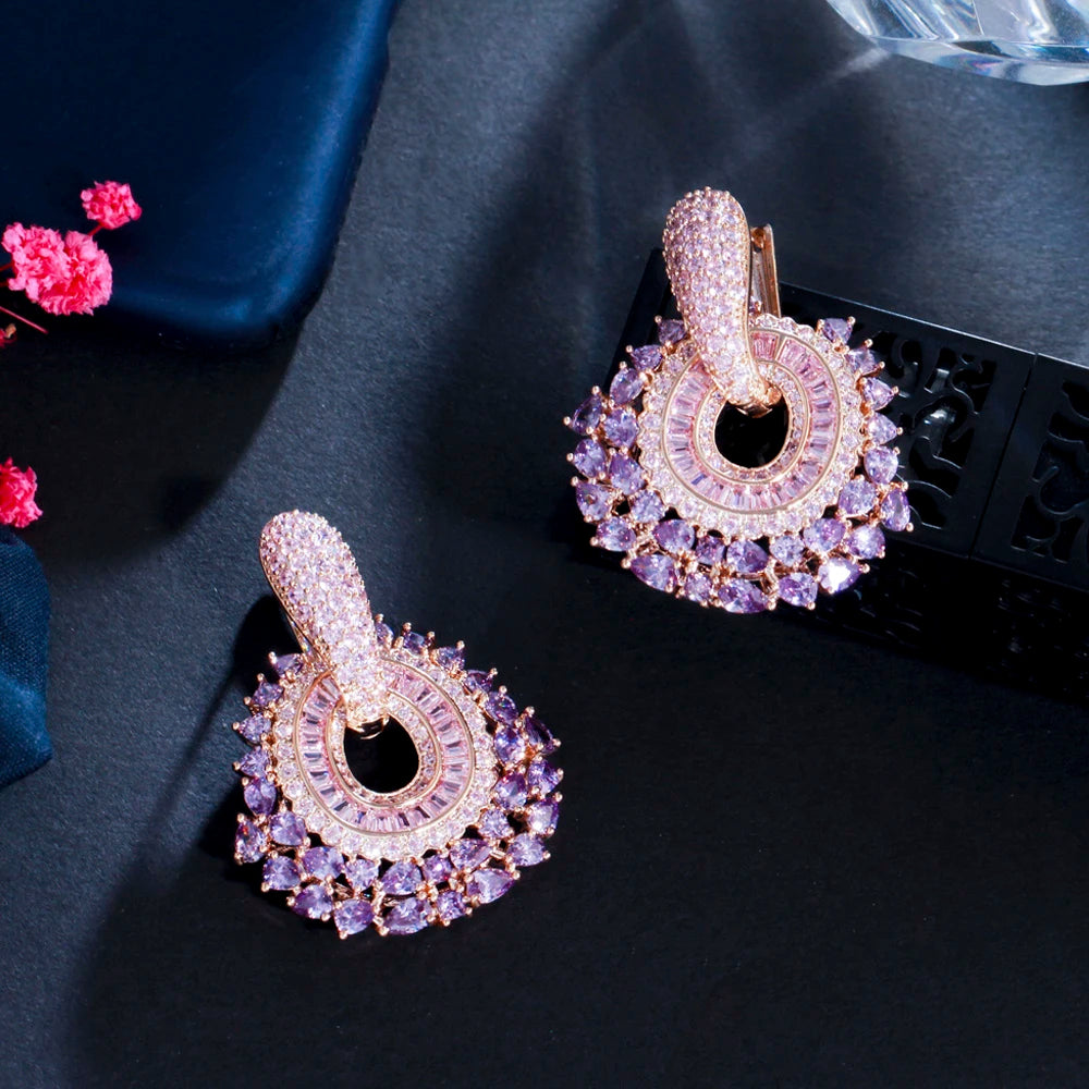 ThreeGraces Bohemian Shiny Purple Pink Cubic Zirconia Dangle Huggies Earrings for Women Fashion Wedding Costume Jewelry ER718