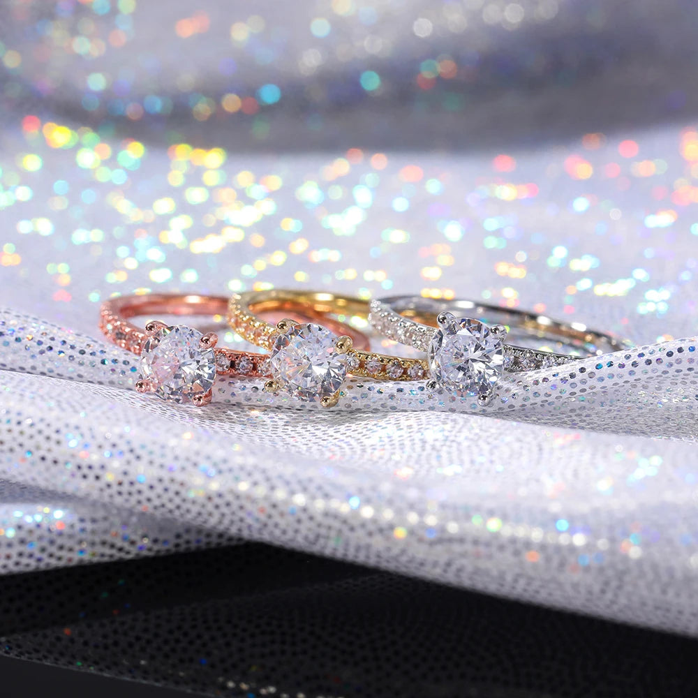 Huitan Classic 4 Claws Design Round Zirconia Women Wedding Engagement Rings 3 Colors Available Low-key Bridal Jewelry Hot Sale