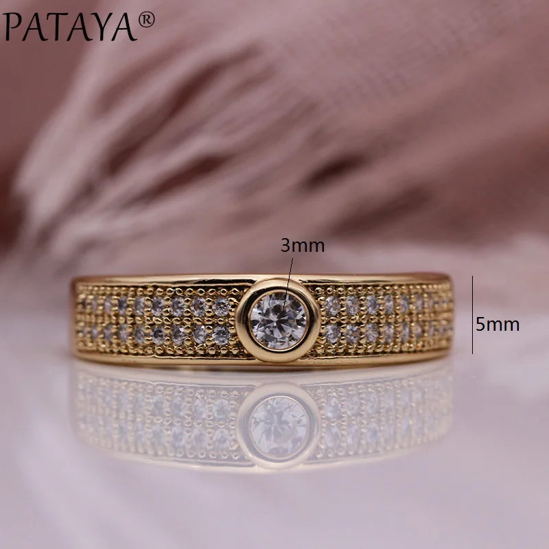 PATAYA New Micro-wax Inlay Luxury Women Rings 585 Rose Gold Color Wedding Fine Fashion Jewelry White Round Natural Zircon Ring