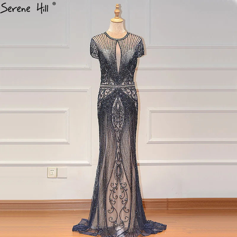 Navy Blue Sleeveless Luxury Evening Dresses Full Diamond Mermaid   2025 Serene Hill Plus Size LA60742 Customized