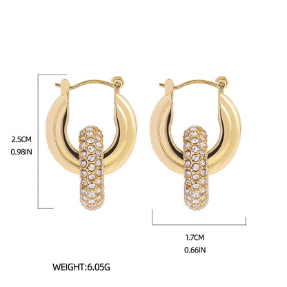 Punk Circle Pendant Shiny Rhinestone Stainless Steel Drop Earrings Bilayer Oval Round Rust Proof Party Zircon Huggie Jewelry New