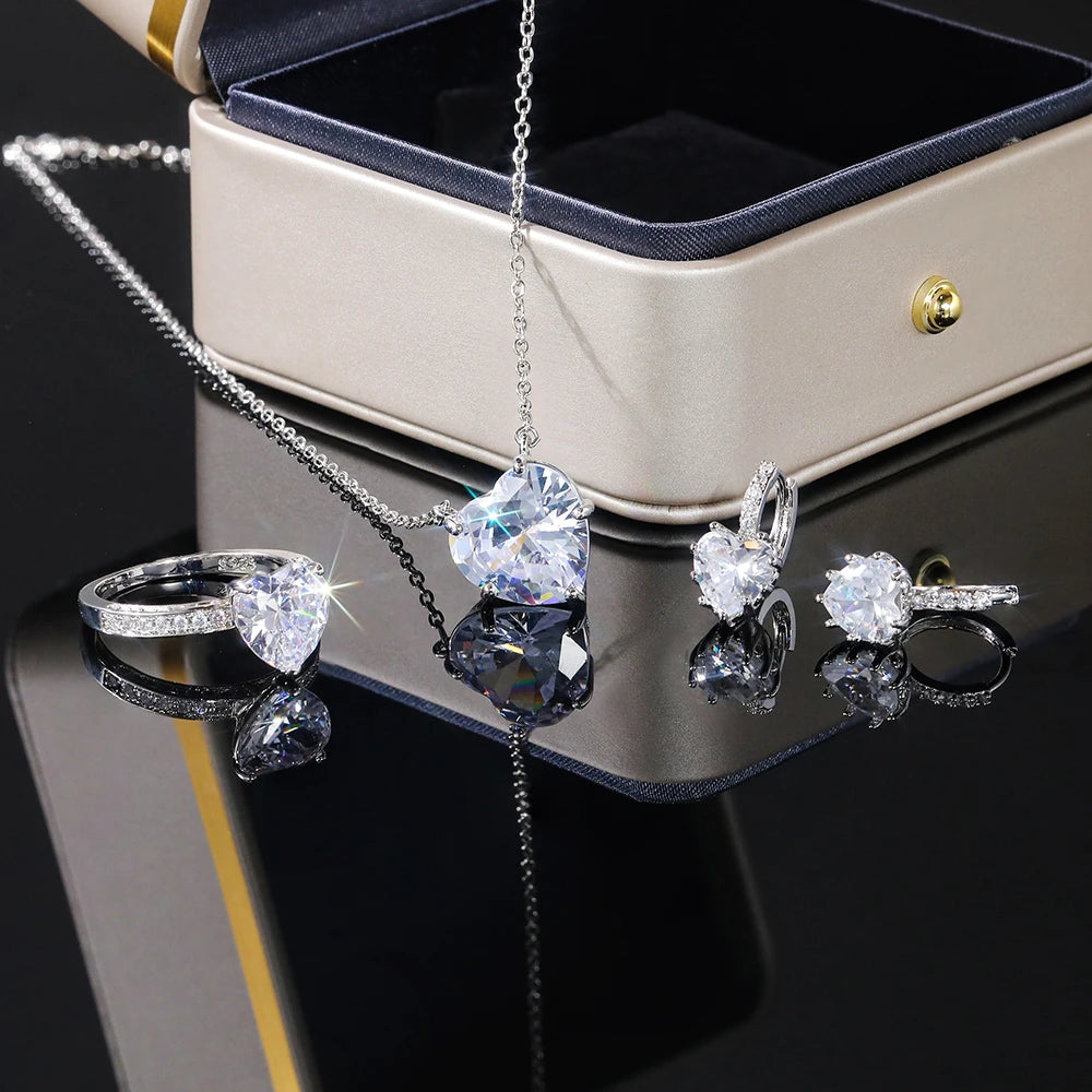 Huitan Luxury Heart CZ Women Wedding Sets Ring/Earring/Necklace High-quality Silver Color Love Jewelry Eternity Accessories Bulk