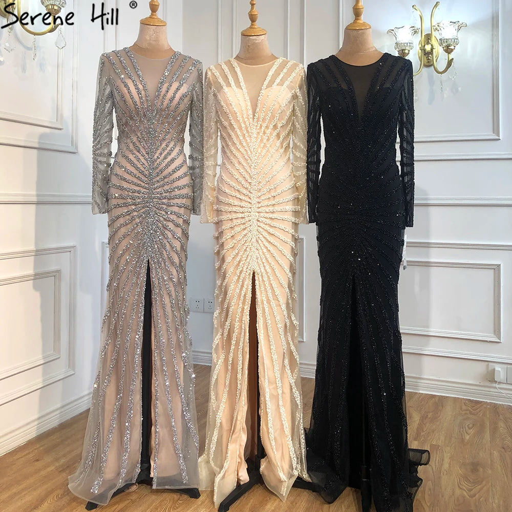 Luxury Black Beading Mermaid Long Split Evening Dresses Party Wear  For Women Real Photo 2025 LA70183 Customized