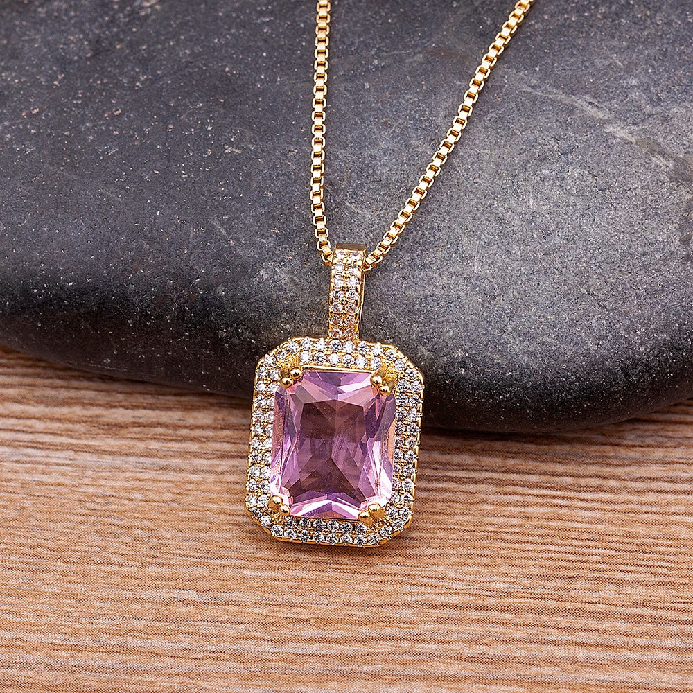 Nidin Top Quality Austrian Crystal Geometric Rectangle Pendant Necklaces For Women 5 Colors Stone Zircon Party Wedding Jewelry