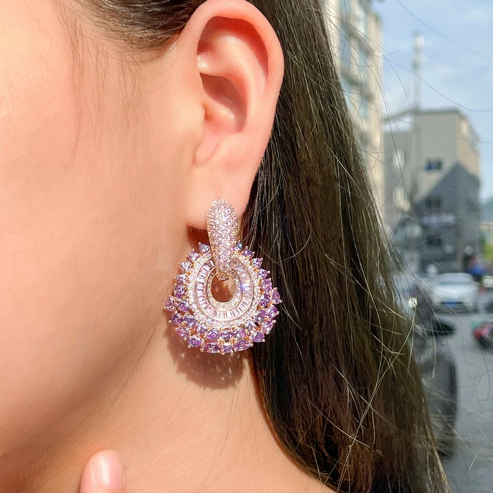 ThreeGraces Bohemian Shiny Purple Pink Cubic Zirconia Dangle Huggies Earrings for Women Fashion Wedding Costume Jewelry ER718