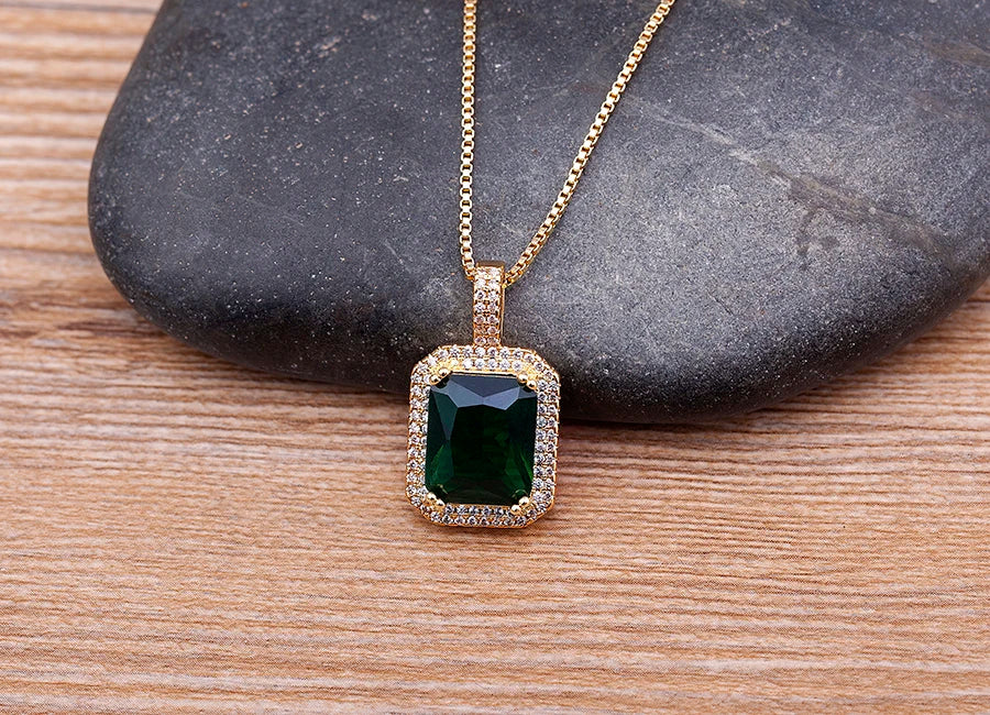 Nidin Top Quality Austrian Crystal Geometric Rectangle Pendant Necklaces For Women 5 Colors Stone Zircon Party Wedding Jewelry