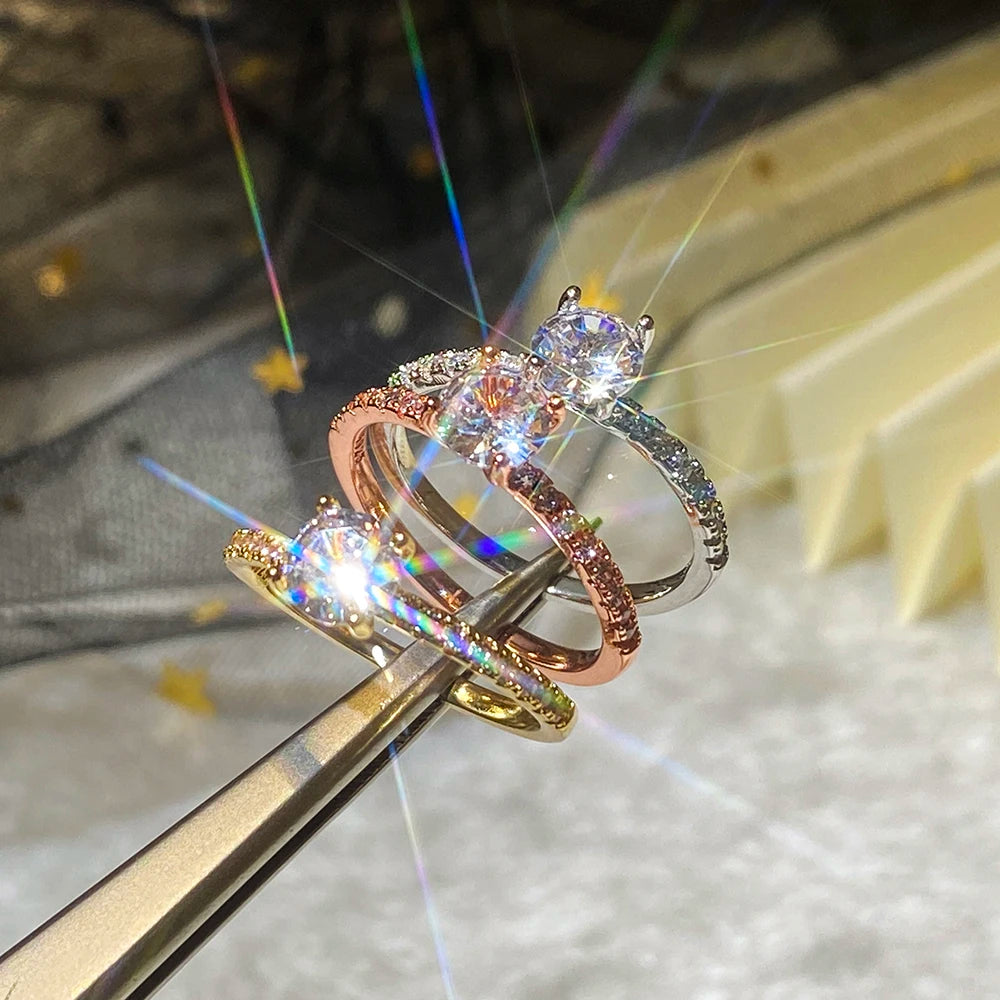 Huitan Classic 4 Claws Design Round Zirconia Women Wedding Engagement Rings 3 Colors Available Low-key Bridal Jewelry Hot Sale
