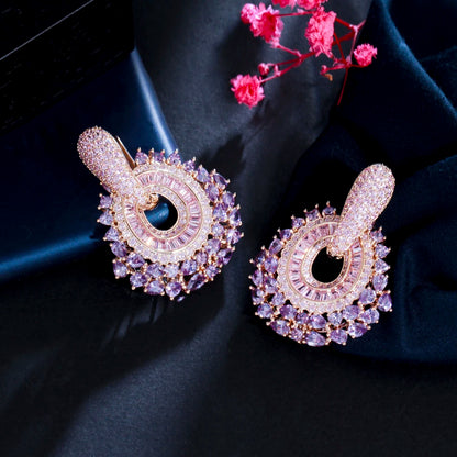 ThreeGraces Bohemian Shiny Purple Pink Cubic Zirconia Dangle Huggies Earrings for Women Fashion Wedding Costume Jewelry ER718