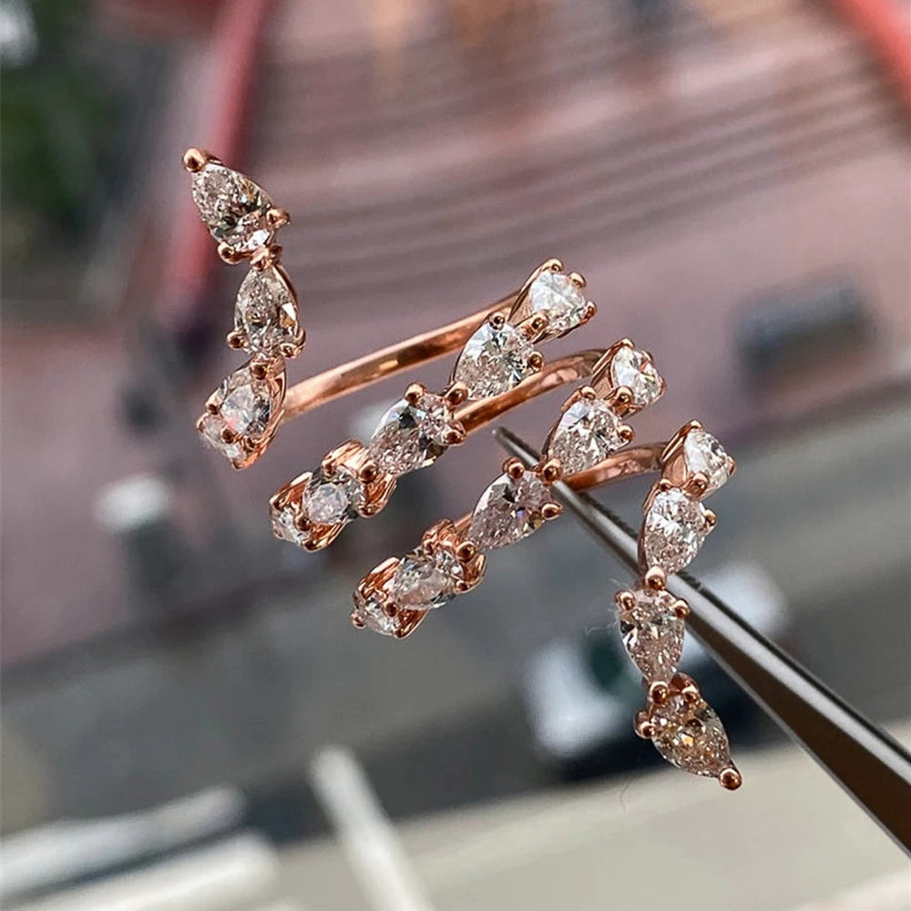 Huitan Luxury Rose Gold Color with Water Drop Zircon Snake Shape Women Ring Delicate Anniversary Gift Stylish Girl Opening Rings