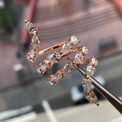 Huitan Luxury Rose Gold Color with Water Drop Zircon Snake Shape Women Ring Delicate Anniversary Gift Stylish Girl Opening Rings