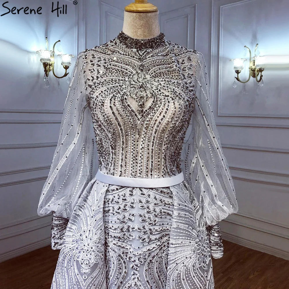 Customized Muslim Grey Overskirt Evening Dresses Gowns 2025 Mermaid Elegant Beaded For Woman Party Plus Size LA71248