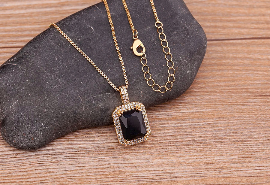 Nidin Top Quality Austrian Crystal Geometric Rectangle Pendant Necklaces For Women 5 Colors Stone Zircon Party Wedding Jewelry