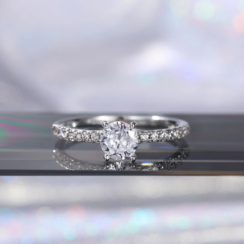Huitan Classic 4 Claws Design Round Zirconia Women Wedding Engagement Rings 3 Colors Available Low-key Bridal Jewelry Hot Sale