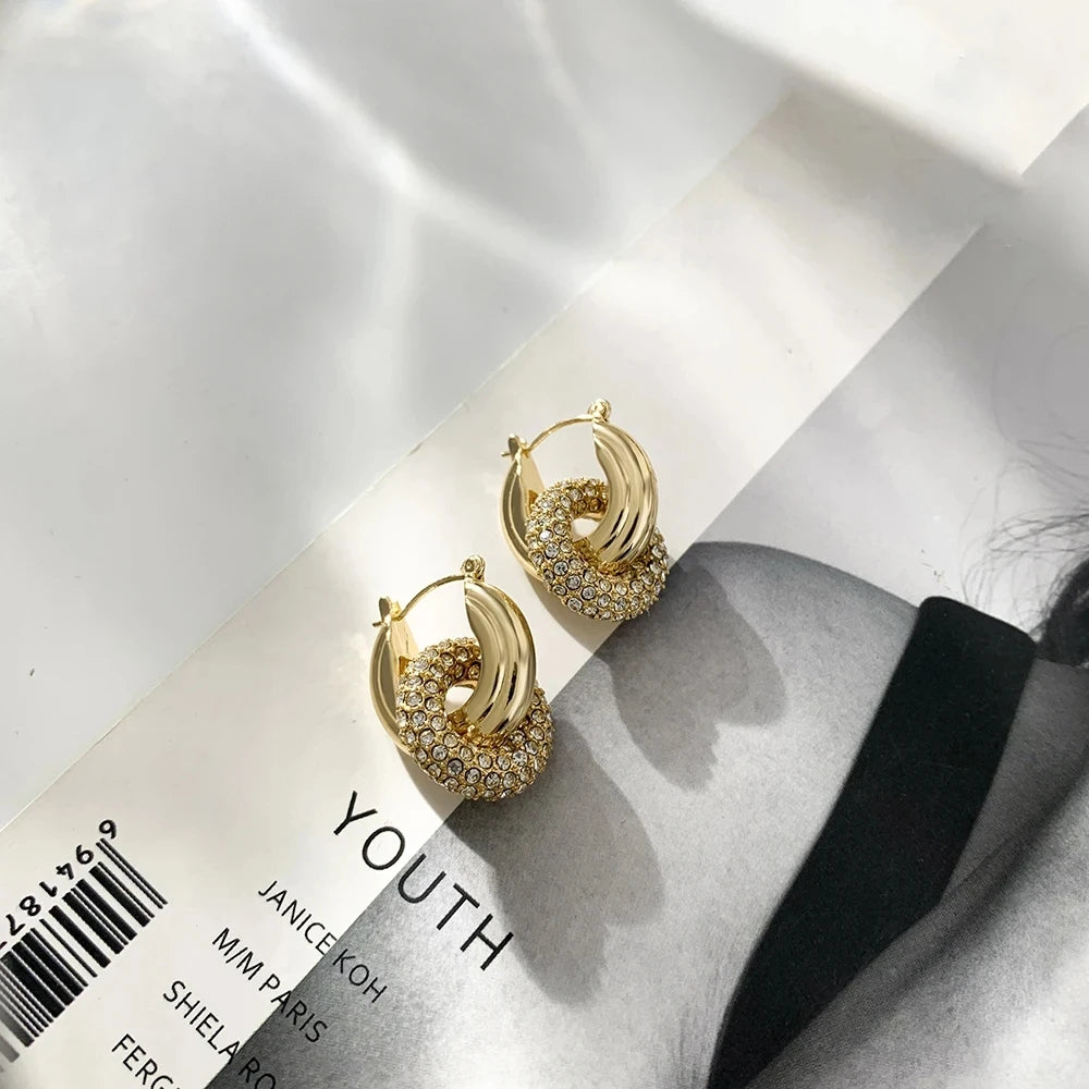 Punk Circle Pendant Shiny Rhinestone Stainless Steel Drop Earrings Bilayer Oval Round Rust Proof Party Zircon Huggie Jewelry New