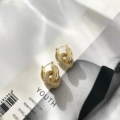 Punk Circle Pendant Shiny Rhinestone Stainless Steel Drop Earrings Bilayer Oval Round Rust Proof Party Zircon Huggie Jewelry New