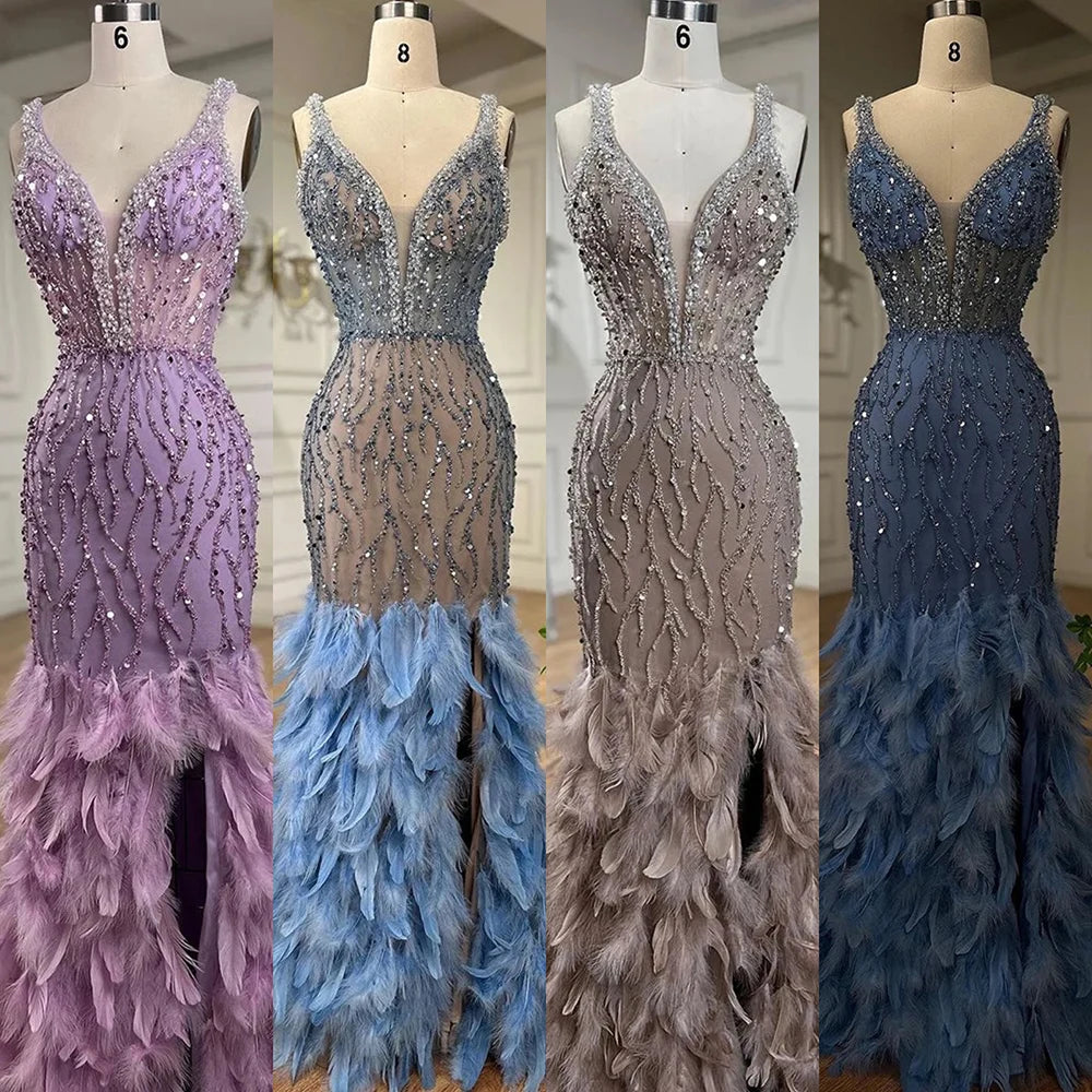 Serene Hill Pink Mermaid High Split Evening Dresses Feather Beaded Gowns Long 2025 For Women Wedding Party LA72152 Customized