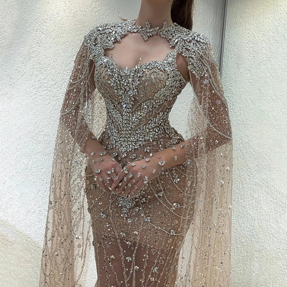 Serene Hill 2025 Nude Mermaid Evening Dress with Beaded Removable Cape Sleeves Gown for Formal Occasion LA72539 Customized