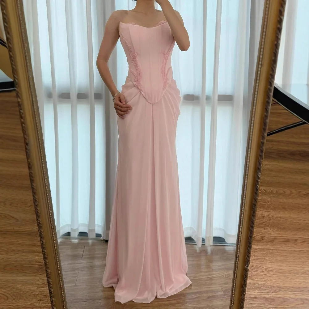 Serene Hill 2025 Customized Pink Strapless Draped Satin Evening Dress with Rose Neck Detail for Formal Party LA72946